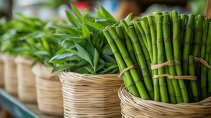 Fresh Green Bamboo Shoots and Plants in Baskets