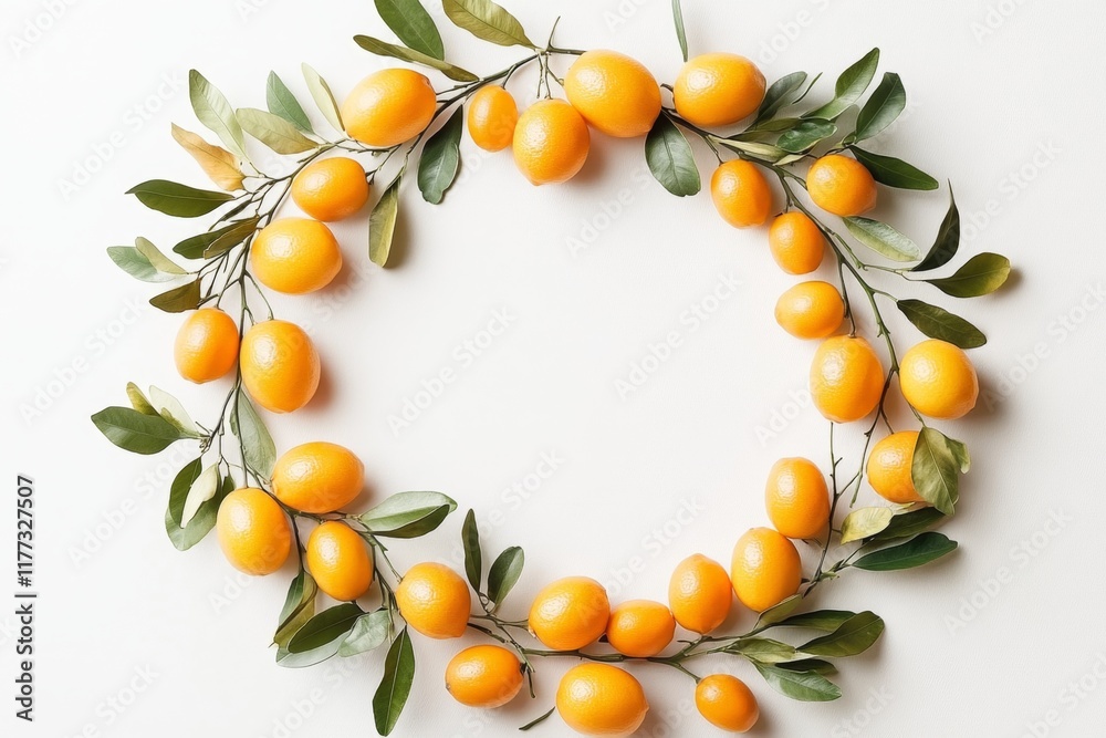 Poster a minimalist depiction of kumquats arranged in a perfect circle, with soft shadows on a clean white 