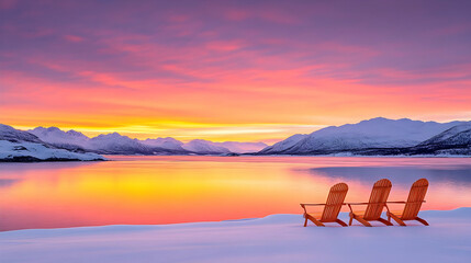 Serene sunrise over snowy mountains and calm lake, three chairs await, peaceful winter landscape, ideal for travel brochures.