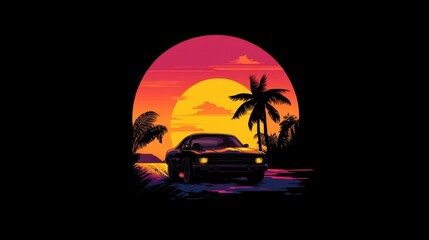 A retro-inspired design with a car heading into a vivid sunset, capturing the essence of 80s summer vibes and nostalgia.