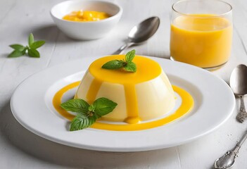 A close-up of a mango panna cotta dessert with a slice of mango on top