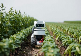Robotic Agricultural Device Monitoring Crops in a Lush Green Field