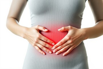 Close-up of a woman holding her stomach with a red glow highlighting pain, ribbed shirt, white background, concept of health and abdominal discomfort. Ai generative