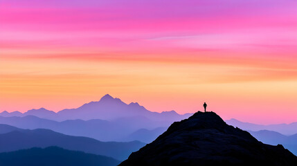 Silhouette of a person standing on a mountain peak at sunrise, overlooking a vast mountain range, peaceful background, perfect for travel and inspirational themes.