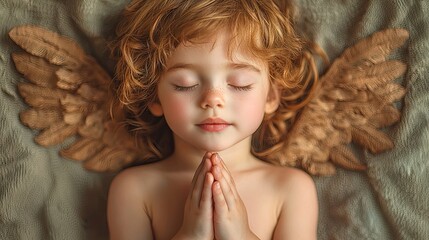 Serene child praying with angel wings: innocence and spirituality
