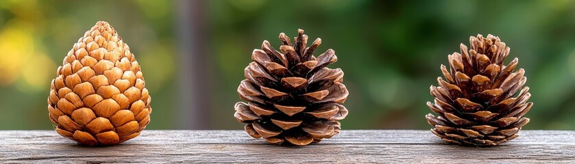 Fototapeta premium Three Distinct Pinecones Displayed on a Wooden Surface with a Blurred Green Background