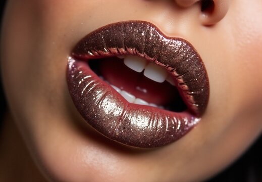 Close-Up of Glossy Lips With Sparkling Glitter Effect