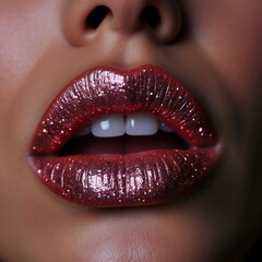 Close-Up of Glossy Lips With Sparkling Glitter Effect