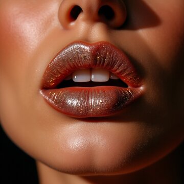 Close-Up of Glossy Lips With Sparkling Glitter Effect