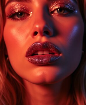 Close-Up of Glossy Lips With Sparkling Glitter Effect