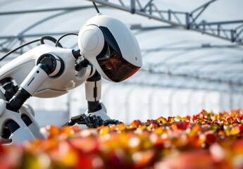 Robotic Agricultural Device Monitoring Crops in a Lush Green Field