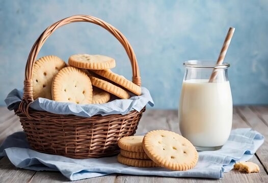 A wicker basket filled with homemade shortbread cookies and a glass of milk on a wooden table