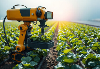 Robotic Agricultural Device Monitoring Crops in a Lush Green Field