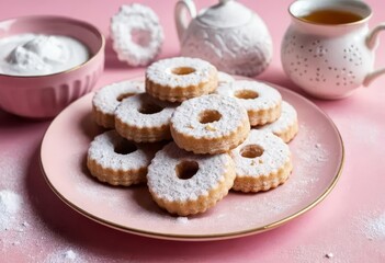 A plate of traditional Italian Canestrelli biscuits dusted with powdered sugar