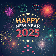 Happy New Year 2025 greeting card banner with festive fireworks display and celebratory background