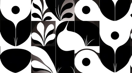 Monochromatic Floral Tile Pattern: Abstract black and white design with stylized floral motifs. Perfect for backgrounds, textures, or prints.  