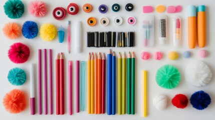 Naklejka premium Colorful Craft Supplies Arrangement Featuring Pompoms, Pens, Colored Pencils, and Miscellaneous Accessories on a Bright Background for Creative Projects