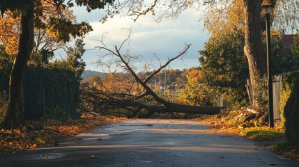 Obraz premium A wind-fallen tree lying across a quiet suburban road, with branches and leaves scattered everywhere in the aftermath of a storm.