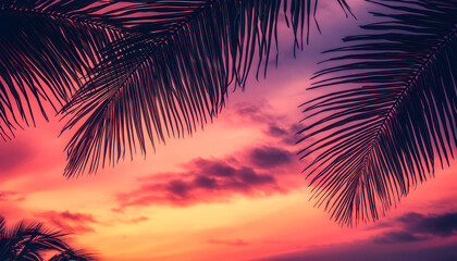 Vibrant sunset framed by silhouetted palm fronds; tropical paradise, summer vacation vibes.
