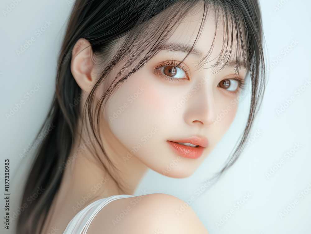 Poster 美肌の若くて可愛いアジア人女性モデルの美容ポートレート。ナチュラルメイクの可憐な女性。
