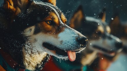 Colorful Sled Dogs in Snowy Close-up