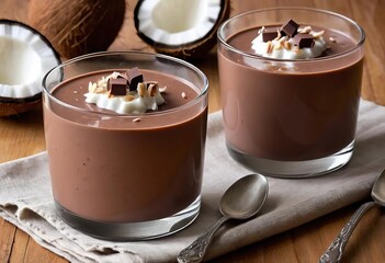 A bowl of chocolate coconut milk pudding with shredded coconut on top