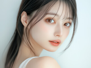 美肌の若くて可愛いアジア人女性モデルの美容ポートレート。ナチュラルメイクの可憐な女性。