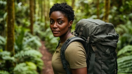 Young woman with natural hair hiking in lush green forest, carrying a large backpack on a nature trail with vibrant foliage and sunlight filtering through trees