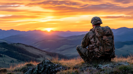 Soldier Sunrise Mountaintop Contemplation A lone soldier sits on a mountain peak, watching a vibrant sunrise over a vast, layered mountain range.  Use Military, patriotism, hope, nature.