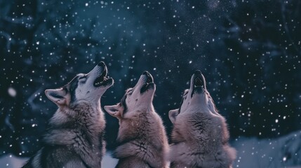 Howling Dogs in Winter Snow Under the Night Sky