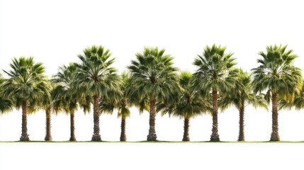 Obraz premium A row of lush green palm trees isolated on a white backdrop, highlighting tropical beauty and symmetry.