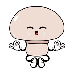 Mushroom doing yoga character. Vector hand drawn traditional cartoon vintage, retro, kawaii character illustration icon. Isolated on white background. Mushroom character