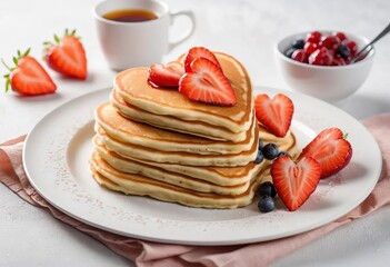 Heart-shaped pancakes with syrup and strawberries on a light background
