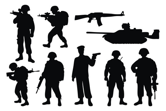 Soldier and army force silhouettes set isolated flat vector illustration on white background