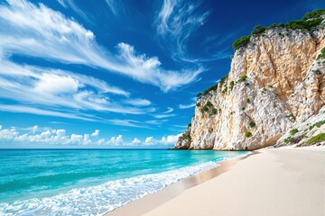 Scenic beach with turquoise waves, golden sand, and white cliffs adorned with greenery under a...