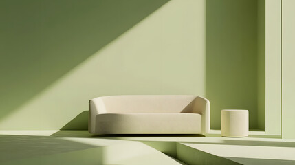 pastel mint green room featuring sleek beige sofa and minimalist side table creates serene and modern atmosphere. soft colors and clean lines evoke sense of calm and elegance