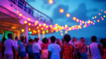 Vibrant Evening Celebration with Colorful String Lights and Party Atmosphere on a Cruise Deck under a Beautiful Evening Sky