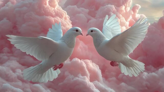 Two white doves in flight with soft pink clouds in the background