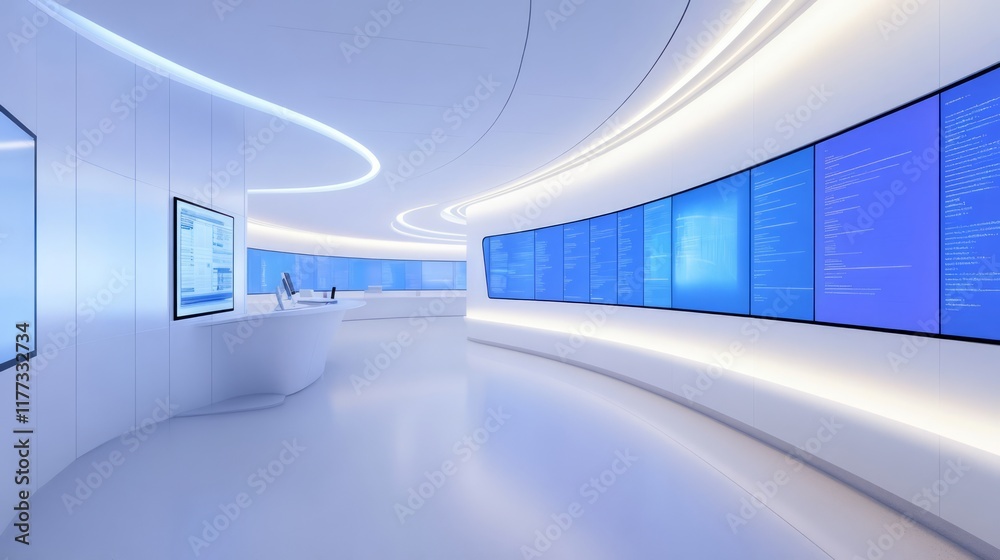 Poster modern futuristic control room with sleek design and high-tech digital screens for monitoring and da