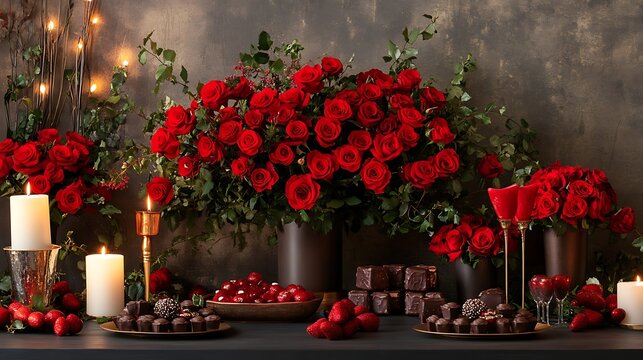 A classic Valentine's Day setup with roses and chocolates