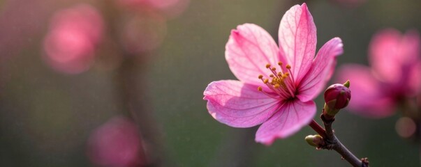 Close-up of a delicate pink flower in full bloom on a leafy branch, greenery, flower pattern, flower