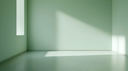Fototapeta premium pastel mint green room with soft light casting shadows, creating serene and tranquil atmosphere. minimalist design enhances feeling of spaciousness and calm