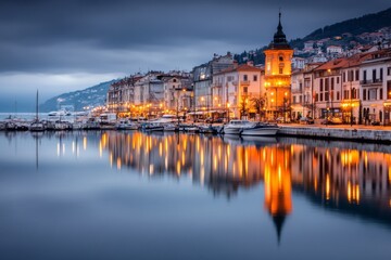 Obraz premium A peaceful evening at the Rijeka waterfront, with streetlights reflecting in the water