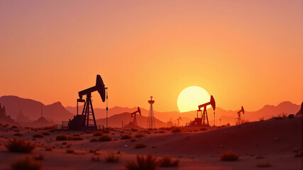 Naklejka premium Silhouettes of oil pumps against a vibrant sunset, showcasing industrial beauty in the desert.