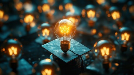 A single illuminated bulb in a graduation cap amidst a cluster of others, highlighting creativity and academic success.