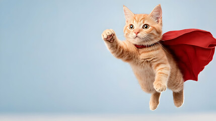 Superhero kitten in flight, blue background, playful pet, advertising campaign.