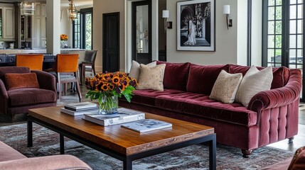 Elegant living room design with a maroon sofa and a wooden coffee table as the centerpiece, offering a cozy and modern vibe.