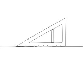 big triangular ruler for math lessons, square, geometry, technical drawing one line art. Continuous line drawing of online learning, school supplies, stationery storage, office supplies, education.