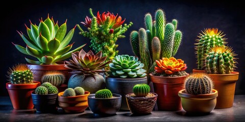 Elegant silhouette photography showcases a stylish collection of potted cacti and succulents against a dark backdrop.