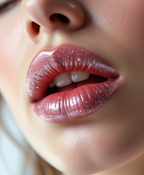 Close-Up of Glossy Lips With Sparkling Glitter Effect